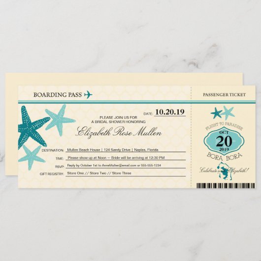 Bora Bora Brautparty Boarding Pass Einladung (Vorne/Hinten)