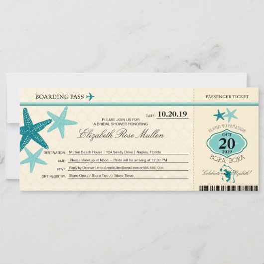 Bora Bora Brautparty Boarding Pass Einladung (Vorderseite)