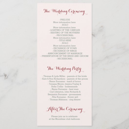 Bordeaux Aquarell Blume Hochzeitsprogramme Programm (Rückseite)