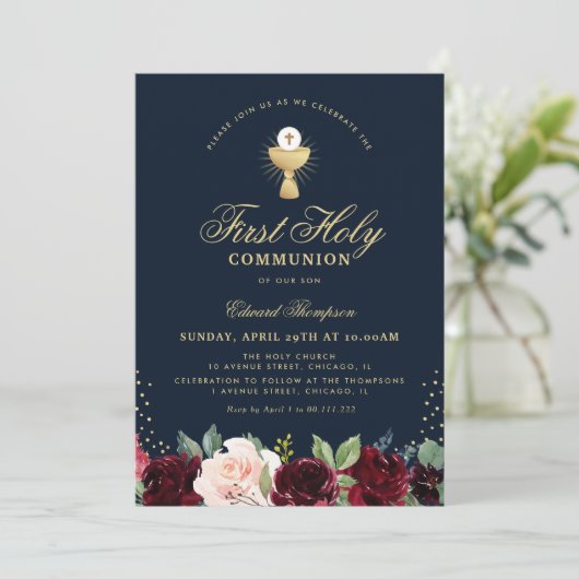Bordeaux-Bläserblauer Erstkommunion Einladung (Stehend Vorderseite)