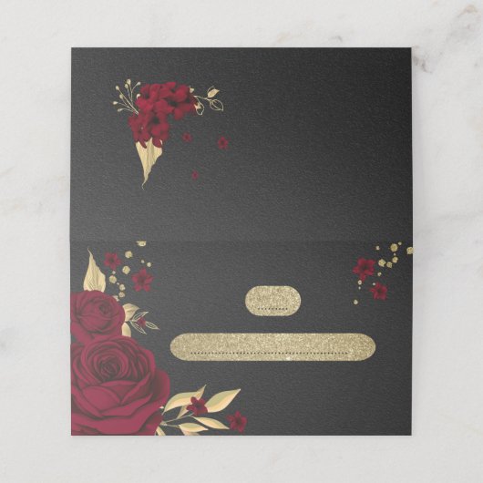 Bordeaux-Blume Gold Blätter schwarze Platzkarte (Außenseite Aufgefaltet)