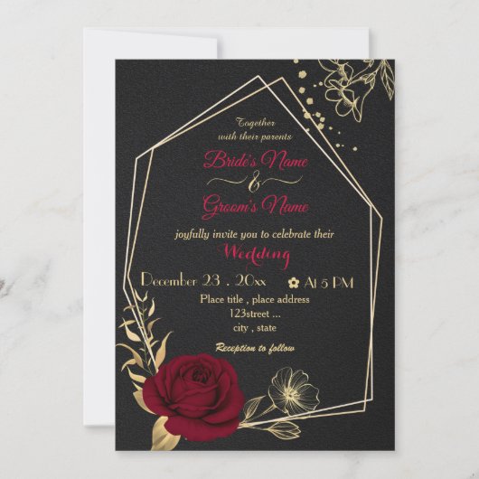 Bordeaux-Blume goldene, geometrische Schwarze Hoch Einladung (Vorderseite)