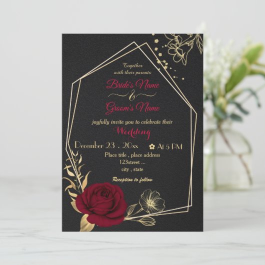 Bordeaux-Blume goldene, geometrische Schwarze Hoch Einladung (Stehend Vorderseite)