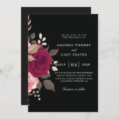 Bordeaux-Blumen- und Schwarz-Hochzeitseinladungen Einladung (Vorne/Hinten)