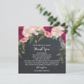 Bordeaux Blumenhochzeit danke Ihnen Empfang-Karte (Stehend Vorderseite)