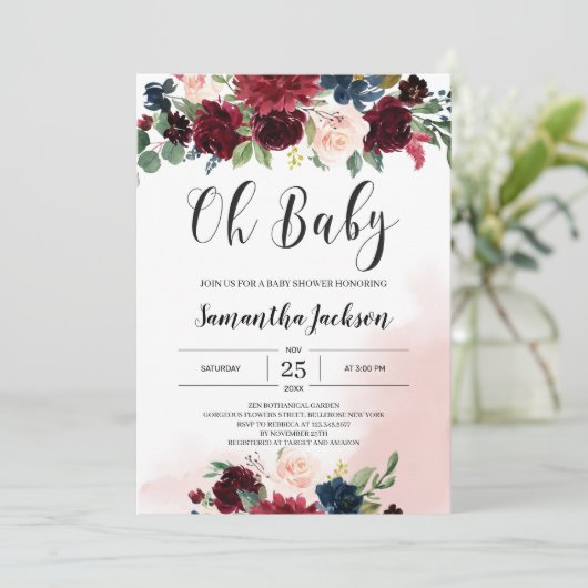 Bordeaux-Blütenbaby Einladung (Stehend Vorderseite)