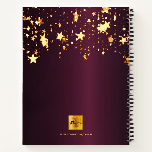 Bordeaux-Blütenblätter mit goldenen Sternen Monogr Notizblock (Rückseite)