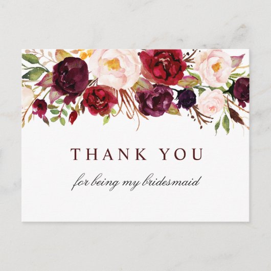 Bordeaux blütenfarbene Brautjungfrau Dankeschön Ka Einladungspostkarte (Vorderseite)