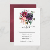 Bordeaux - Bordo Floral Wedding RSVP Karte (Vorne/Hinten)