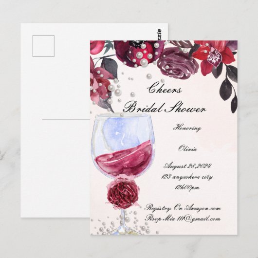 Bordeaux-Brautdusche Postkarte (Vorne/Hinten)