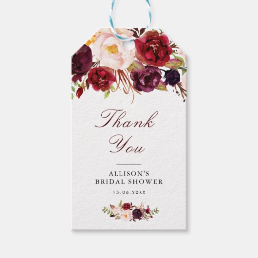 Bordeaux-Brautparty mit blühenden Wasserfarben Geschenkanhänger (Vorderseite)