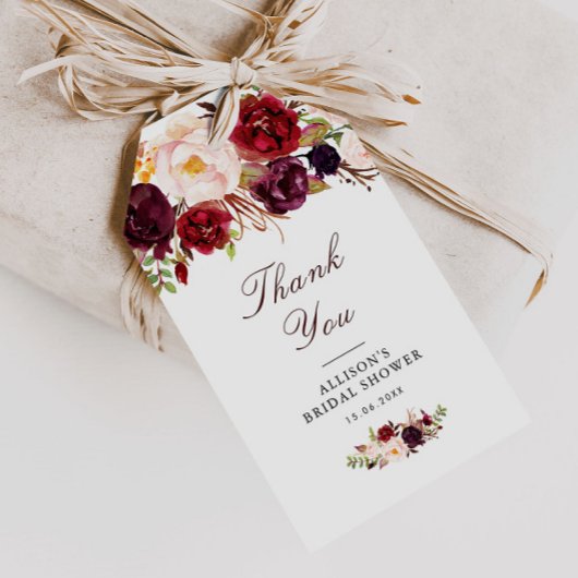 Bordeaux-Brautparty mit blühenden Wasserfarben Geschenkanhänger