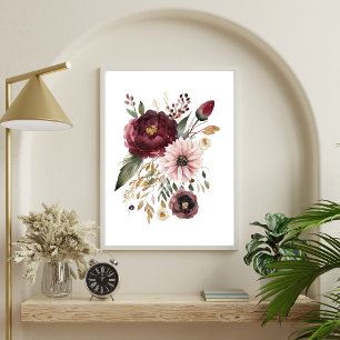 Bordeaux Burgunder Rosa Wasserfarbe Floral Botanis Poster