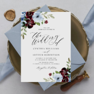 Bordeaux-Dusty-Blue-Blumenschrift Hochzeit Einladung