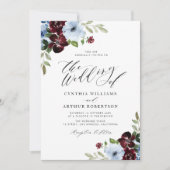 Bordeaux-Dusty-Blue-Blumenschrift Hochzeit Einladung (Vorderseite)