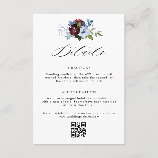 Bordeaux Dusty Blue Blumenzettel Begleitkarte (Vorderseite)