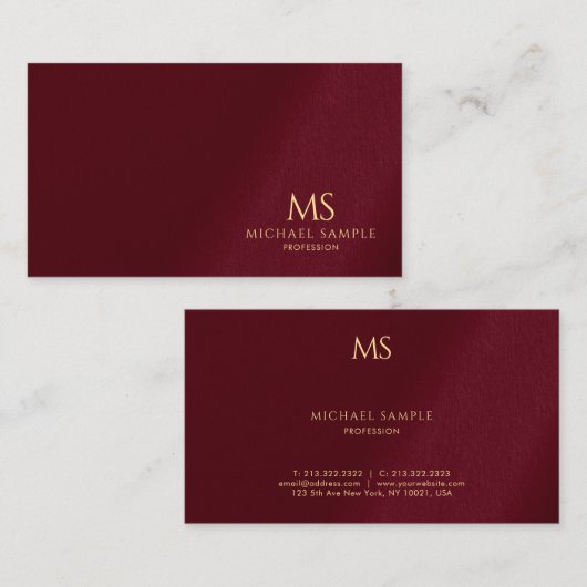 Bordeaux Elegant Gold Text Monogram Professional Visitenkarte (Vorne/Hinten)