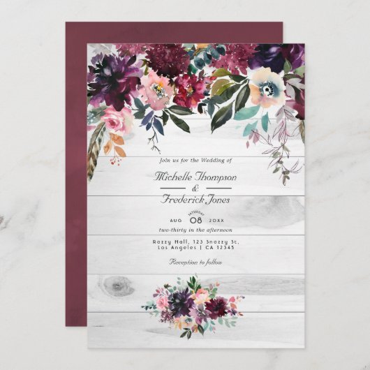 Bordeaux Floral Garden QR Code UAWG Wedding Invita Einladung (Vorne/Hinten)