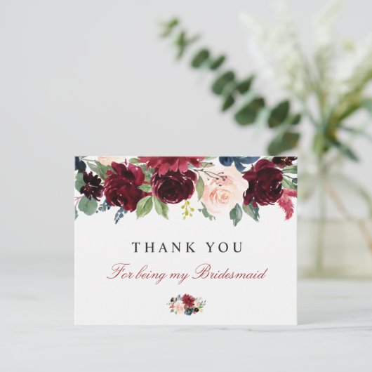 Bordeaux florale Bridesmaid danke Ihnen Karte (Stehend Vorderseite)