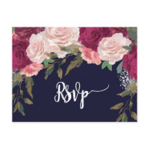 Bordeaux florals Hochzeitssvp Postkartennavy