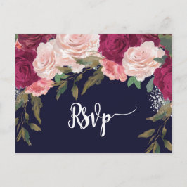 Bordeaux florals Hochzeitssvp Postkartennavy Einladungspostkarte