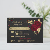 Bordeaux, goldfarbenes schwarzes Mahl RSVP Karte (Stehend Vorderseite)