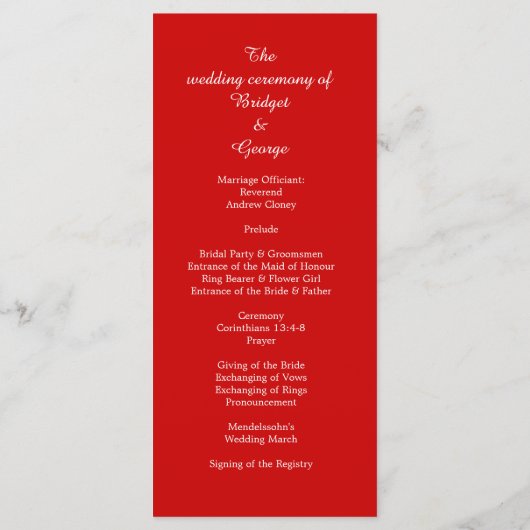 Bordeaux + hellrotes Menü & Programm Hochzeitskart (Rückseite)