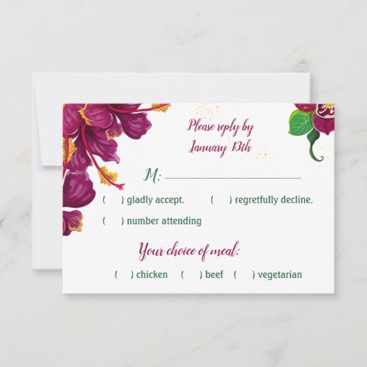 Bordeaux-Hibiskus-Blume - grün Blätter RSVP Karte (Vorderseite)