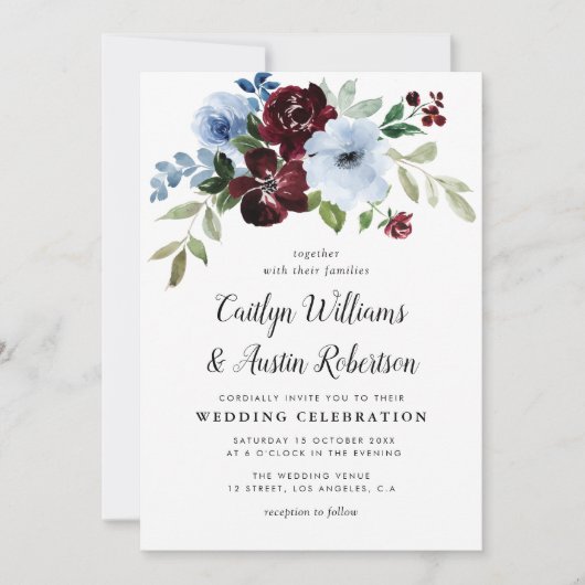 Bordeaux-Hochzeit in blauen Blumengärten Einladung (Vorderseite)