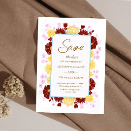 Bordeaux-Hochzeit in Rosa und Gelb Save The Date