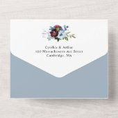 Bordeaux-Hochzeit mit blauen Aquarellfarben All In One Einladung (Rückseite)