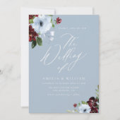 Bordeaux-Hochzeit mit blauen Blumen Einladung (Vorderseite)
