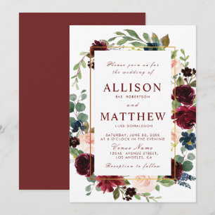 Bordeaux-Hochzeit mit Blumen Einladung