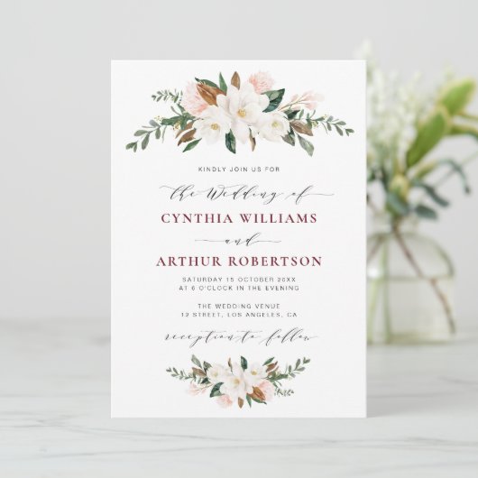 Bordeaux Magnolia Einladung (Stehend Vorderseite)