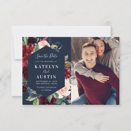 Bordeaux & Marinebrioldhochzeit speichern Sie die Save The Date (Vorderseite)