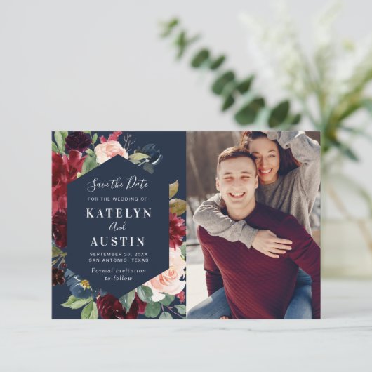 Bordeaux & Marinebrioldhochzeit speichern Sie die  Save The Date (Stehend Vorderseite)