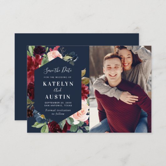 Bordeaux & Marinebrioldhochzeit speichern Sie die Save The Date (Vorne/Hinten)