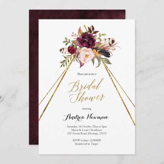 Bordeaux-Marsala-Teepee-Brautdusche Einladung (Vorne/Hinten)