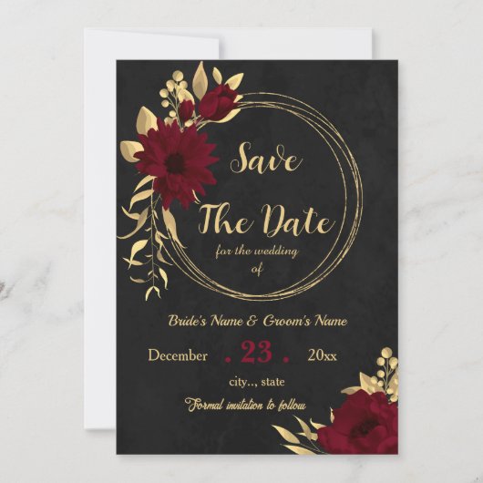 Bordeaux mit Chic und schwarz mit Gold Save The Date (Vorderseite)