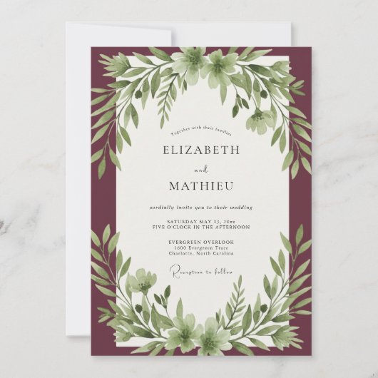 Bordeaux-Olivblatt-Hochzeit Einladung (Vorderseite)