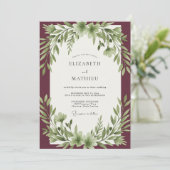 Bordeaux-Olivblatt-Hochzeit Einladung (Stehend Vorderseite)