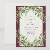 Bordeaux-Olivblatt-Hochzeit Einladung (Vorne/Hinten)