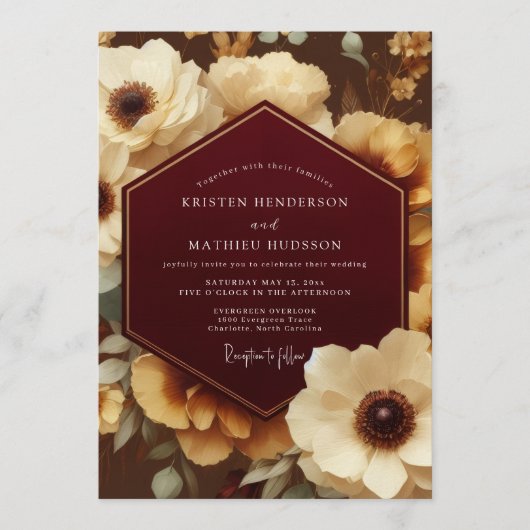 Bordeaux Ornate Botanical Wedding Einladung (Vorderseite)