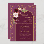 Bordeaux Red Blush | Moderne Hochzeit in Goldrahme Einladung (Vorne/Hinten)