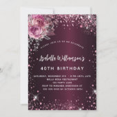 Bordeaux-Rosa-Blumen Glitzer Luxus Einladung (Vorderseite)