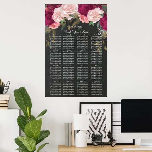 Bordeaux-Rosa-Blumenstempelzeichen Poster (Heimbüro)