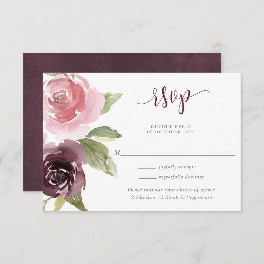 Bordeaux Rosa Blütenfarbe Hochzeit RSVP Begleitkarte (Vorne/Hinten)