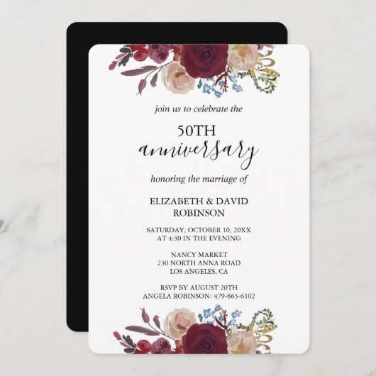 Bordeaux Rose Black 50. Jubiläumshochzeit Einladung (Vorne/Hinten)