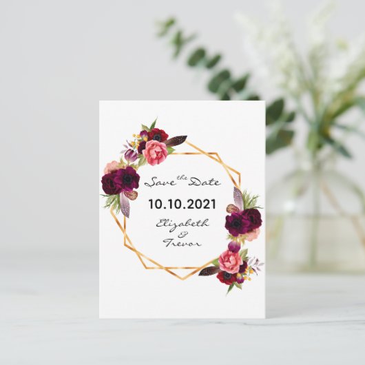 Bordeaux-Rose Save the Date Hochzeitgold Ankündigungspostkarte (Stehend Vorderseite)