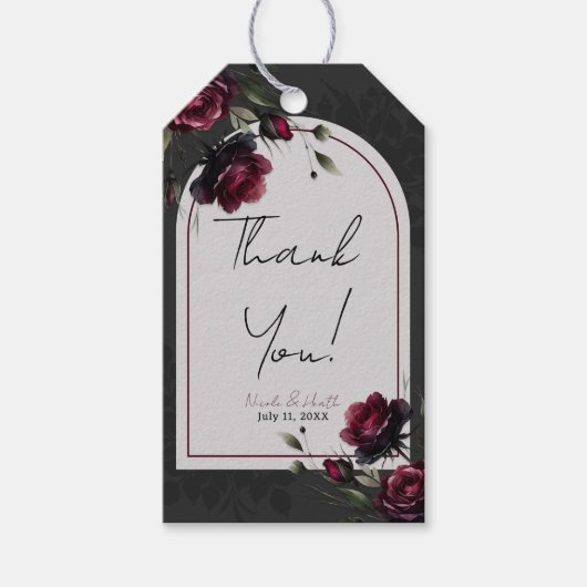 Bordeaux-Rote Rosen Schadowy-Hochzeit Geschenkanhänger (Vorderseite)